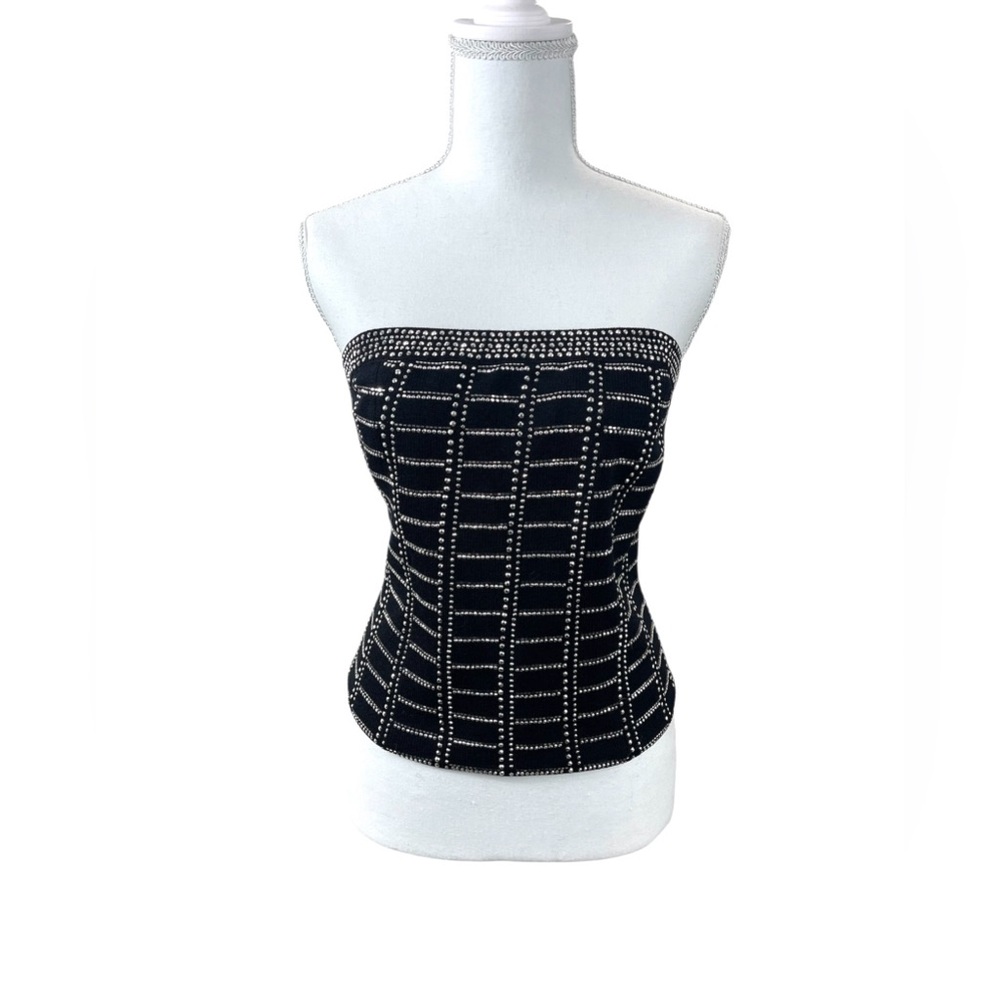 Vintage Y2k St. John Black Knit Strapless Crystal Beaded Tube Top‎ Glam Luxury